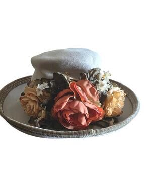 Vintage Kokin NY Wide Brim 100% Wool Hat Floral Church Derby